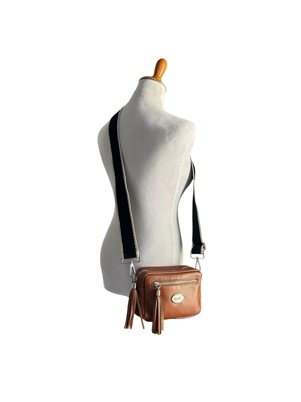 Tan Brown Leather Crossbody with Black Adjustable Strap